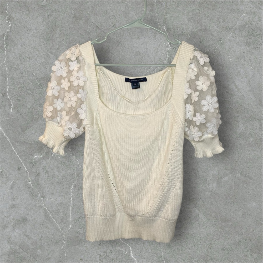 French Connection Cream Knit Top with Floral Mesh Puff Sleeves